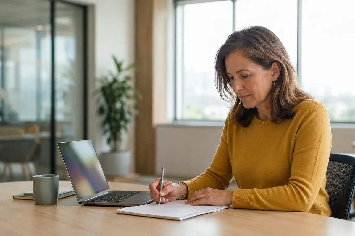 A manager at a desk with a laptop