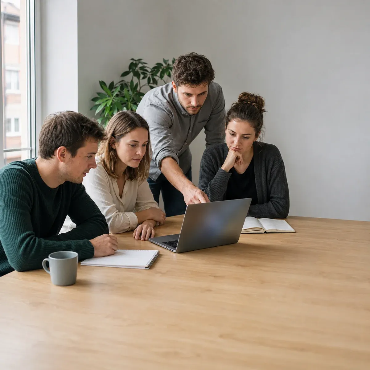 A team in a modern office working on laptops