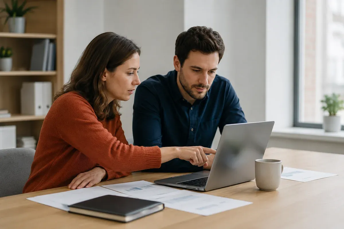 Two colleagues working through a task at a laptop